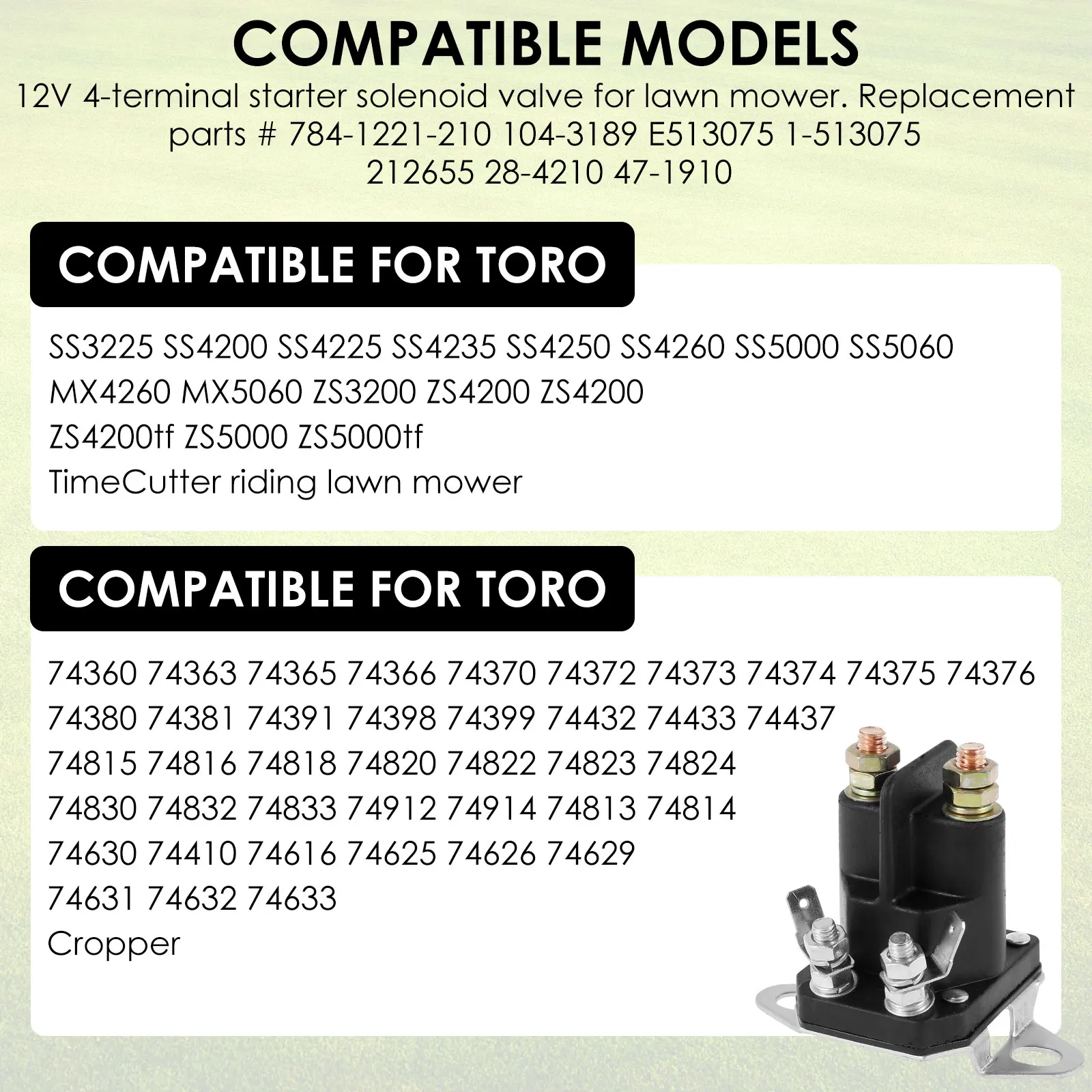 Solenoide de arranque para cortacésped, Compatible con cortacésped Boy Toro Z 1-117 1197 784-1221 210-513075 104 28-3189, jardín, 117-1197