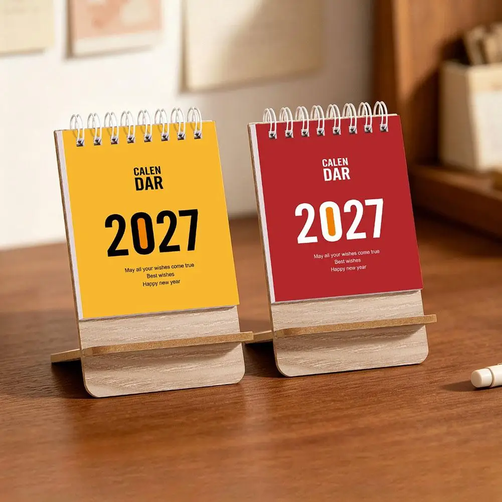 2027 Mini Wooden Desk Calendar Solid Color Twin Wire Binding Monthly Planner Portable Desktop Table Calendar For Home Office