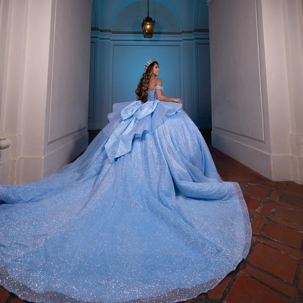 

EVLAST Customized Glitter Sky Blue Ball Gown Quinceanera Dress Shiny Applique Beading Bow Sweet 16 Vestidos De 15 Anos E1Q859