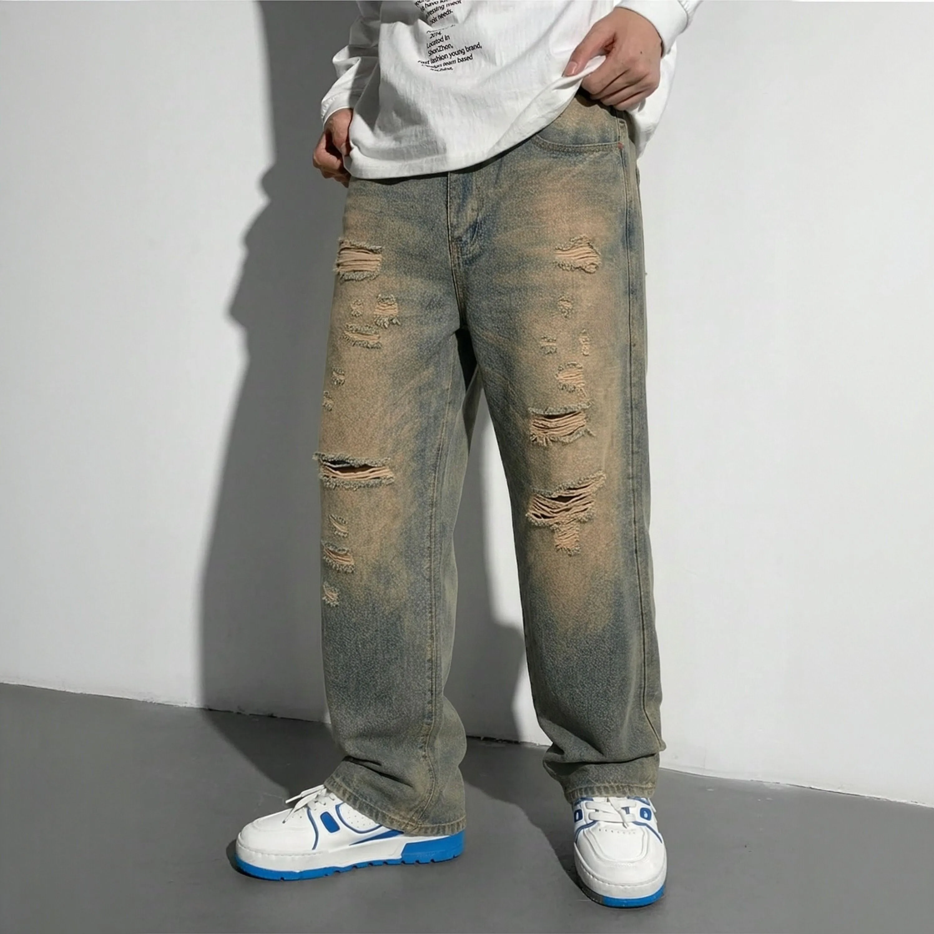 【HME】Men's Jeans | Elastic Back Waist Destroyed-Look Denim Pants, vintage Muddy-Wash Men Denim Trousers, Multi-Place Frayed Ripped Craft, Loose Straight Cut, High-Street Aesthetic Wearable Men Pants
