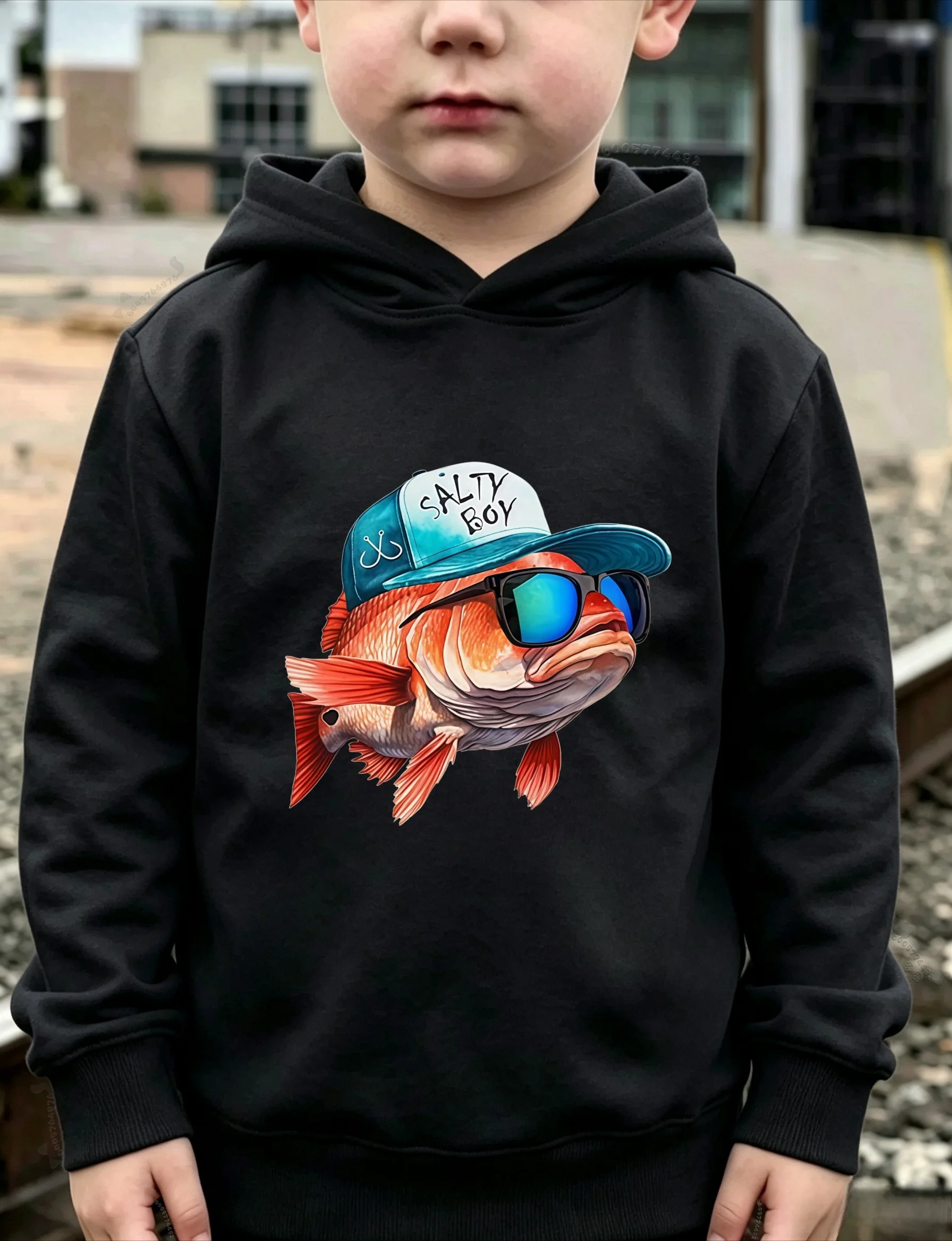 Trendy Children's Loose Hooded Sweatshirt - Fashionable, Creative, Cool Fish Print Youth Street Hooded Sweatshirt