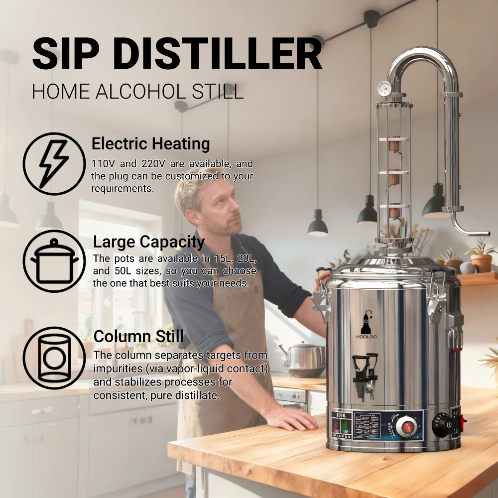 HOOLOO SIP15/25/50 المقطر المنزل التدفئة الكهربائية Moonshine لا تزال آلة التقطير النحاس الفولاذ المقاوم للصدأ عمود ويسكي