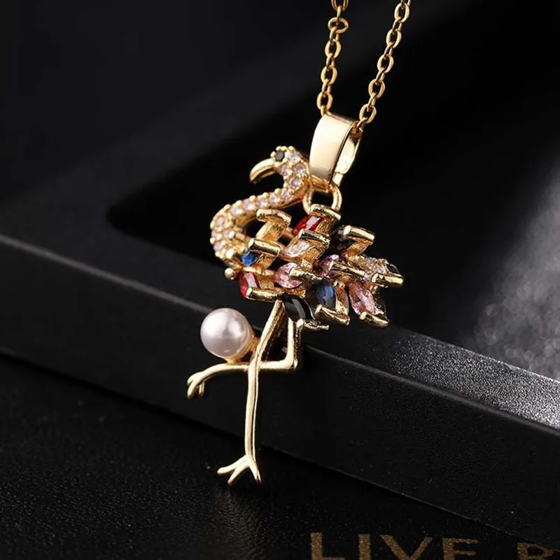 Ketting Vrouwen 18K Vergulde Kleurrijke Zirkoon Kristallen Dier Flamingo Populaire Mode Sieraden Paar Cadeau