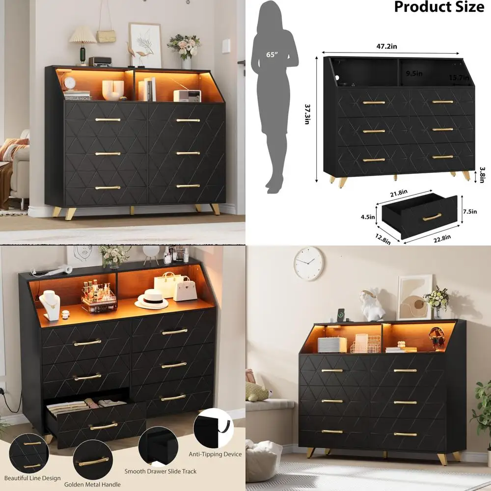 contemporary black wooden dresser with led lighting and charging ports for bedroom