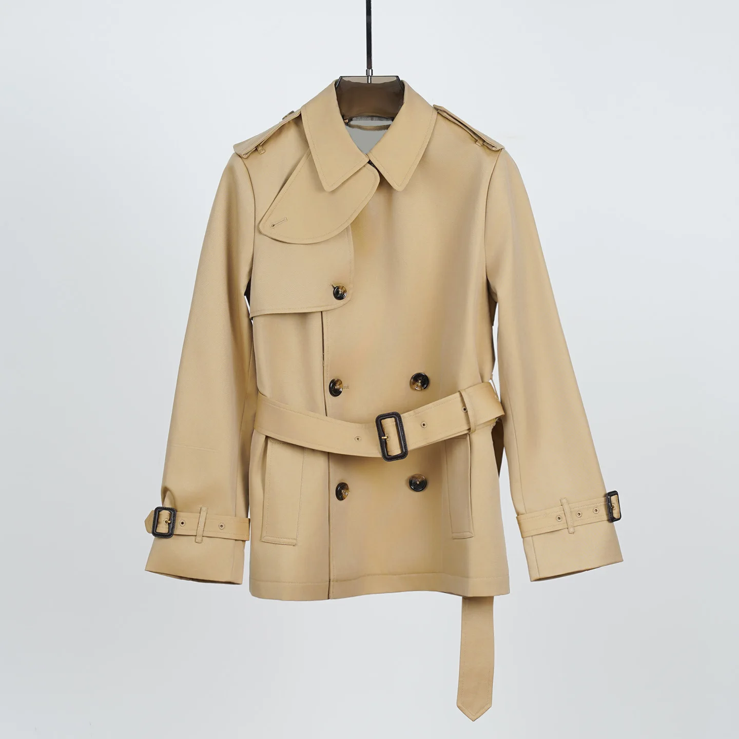 معطف خريفي/شتوي أنيق من القطن الخالص ذو كتلة ألوان متقلب كلاسيكي مزدوج الصدر قصير للنساء