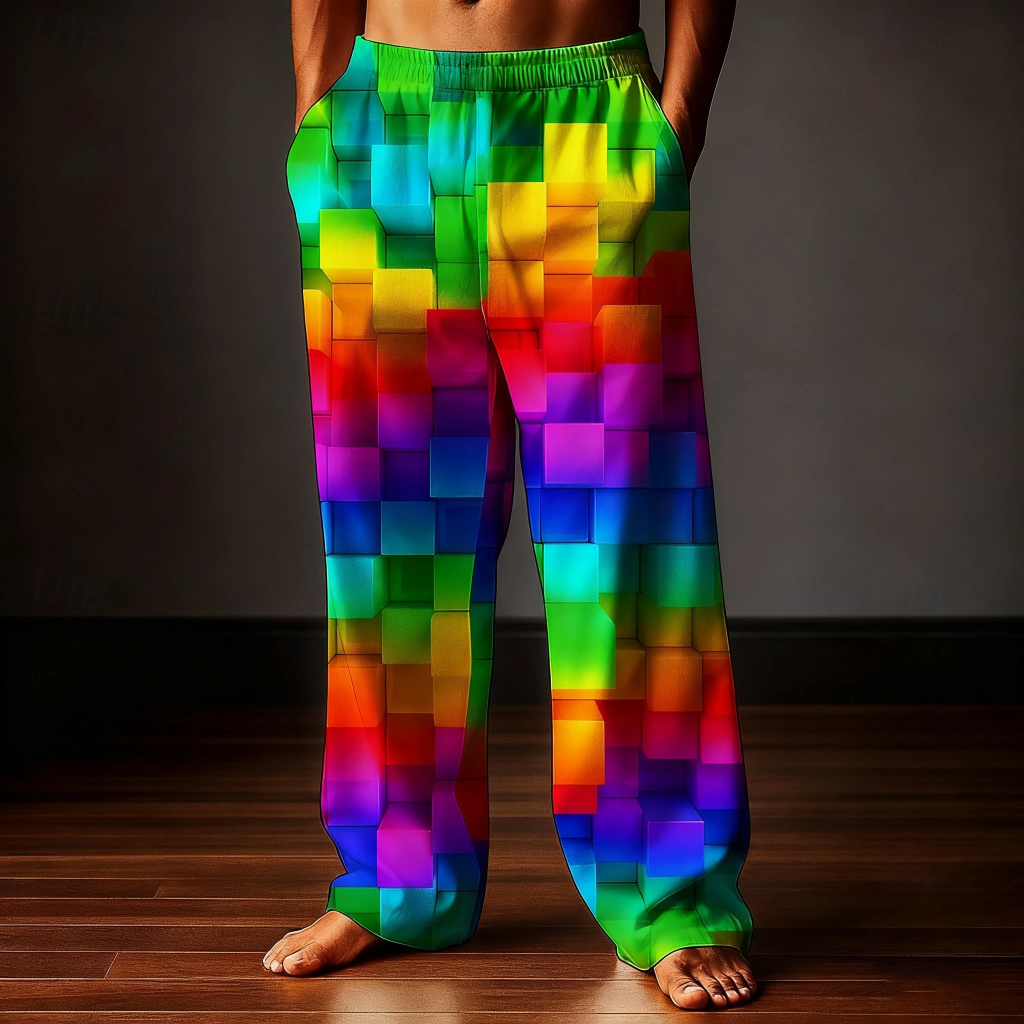 

2025 Men Geometric Rainbow Grid Plaid Pants Trousers Pajama Pants Home Elastic Waist Casual Outdoor Trousers for Men Clothing