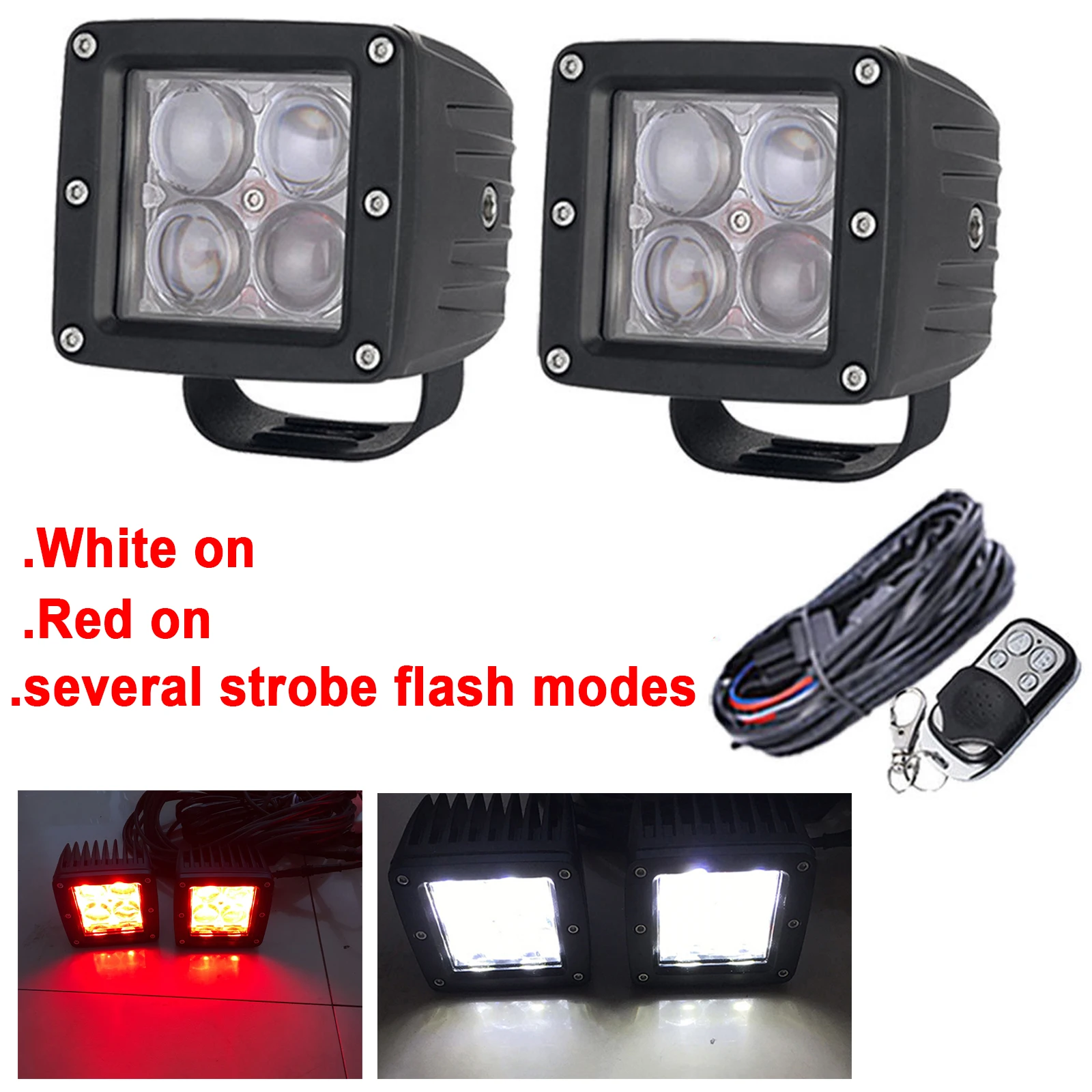 

2x Red/White 3 Inch 60W 4D LED Work Lights Fog Driving Strobeflash Emergency Warning Lamp Spot Cube Pods free Wiring Harness Kit