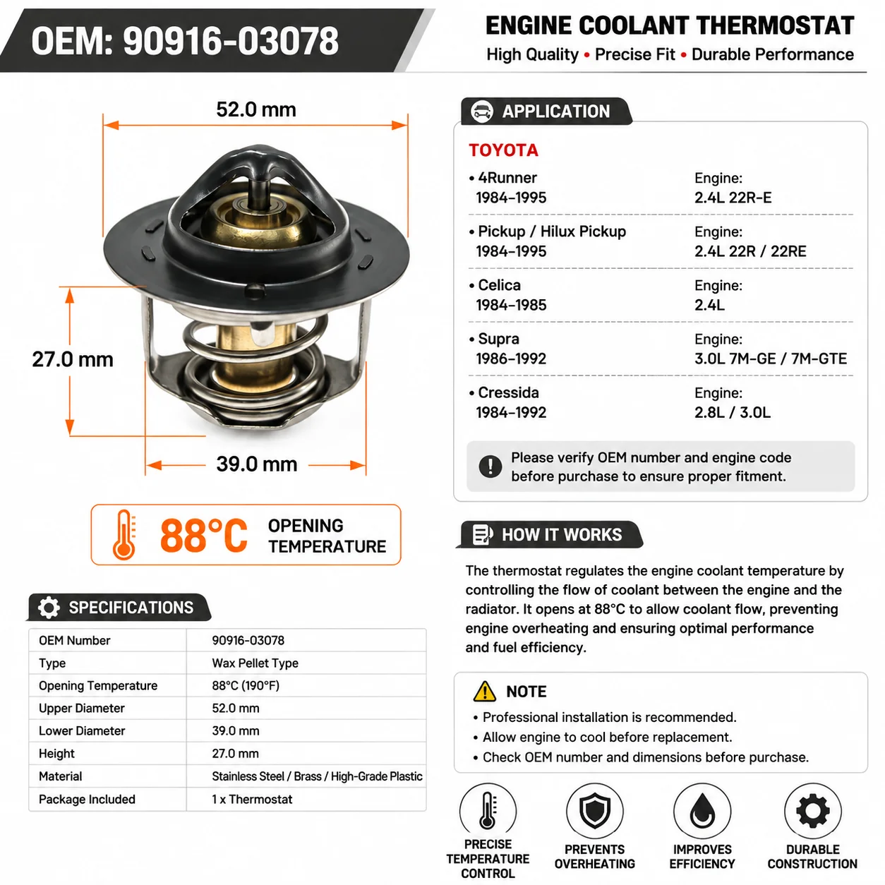 88°C 190°F Thermostat 90916-03078 For Toyota Celica GT 1975-1985 Supra MK3 MA70 1986-1992 7M-GE 7M-GTE Corolla Corona 16341-3501