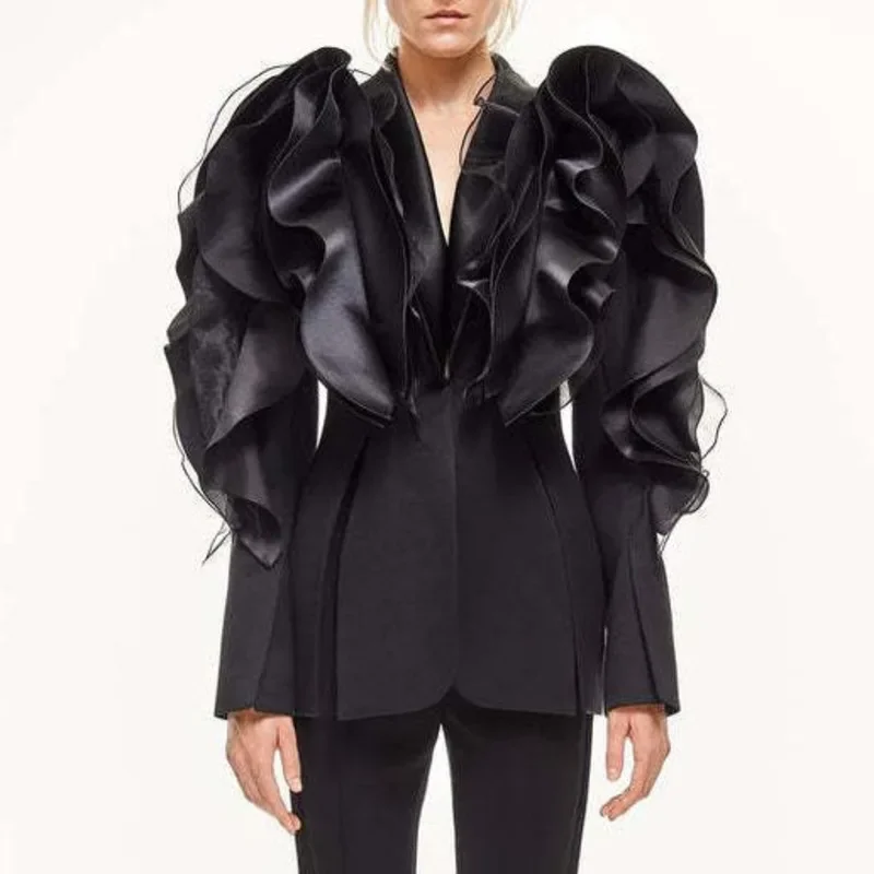 

Fmxires Spliced Mesh Ruffles Casual Blazer For Women Lapel Long Sleeve Fashion Tide Loose Fit Jacket Spring Autumn 2025 New A165