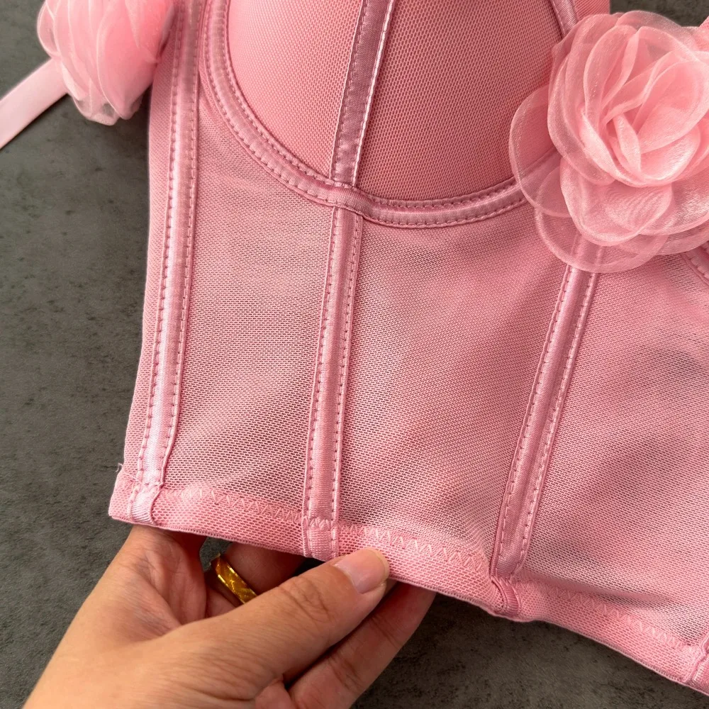 Women Elegant Chic Off Three-dimensional Flower crop Top Slim vintage Sexy tank Top Summer sweet Camis Corset Bustier