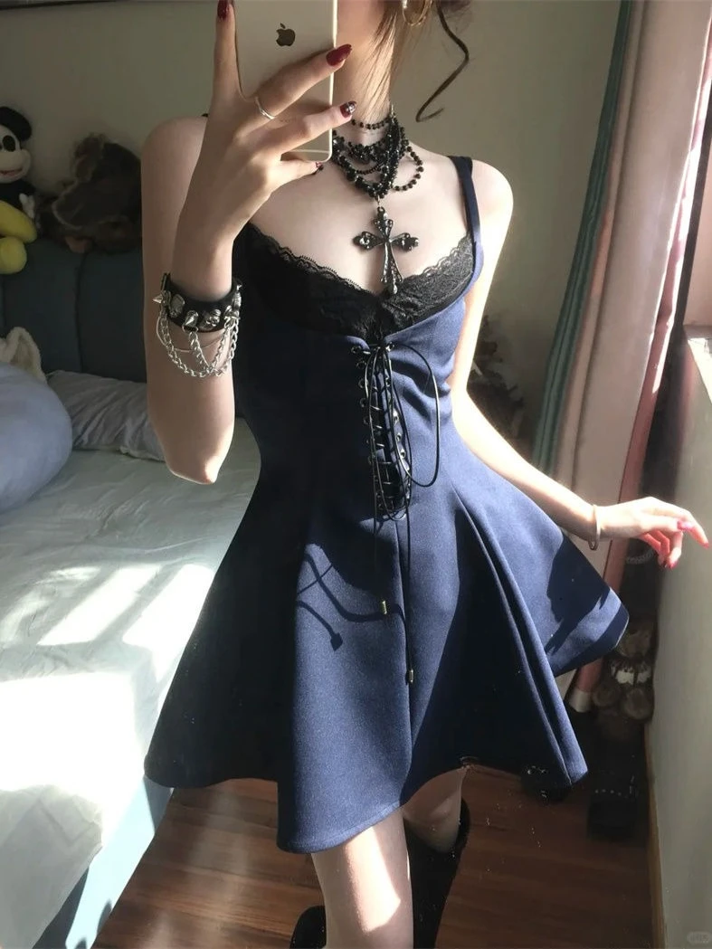 المرأة القوطية نمط خمر 2 قطعة فستان مجموعة مثير بلا أكمام أسود Y2k فستان قصير سليم صالح فستان حفلة قصيرة مجموعة الموضة الكورية