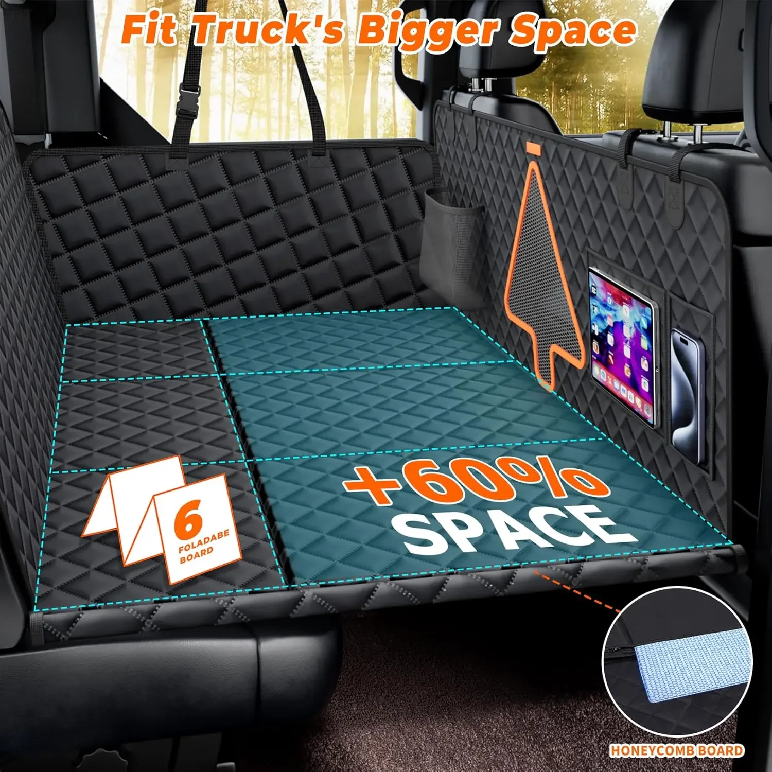 Dog Truck Back Seat Cover,Large Dogs Hammock for Trucks Extender with 6 Foldable Board, Car Backseat Pet Hard Bottom Bed Wat