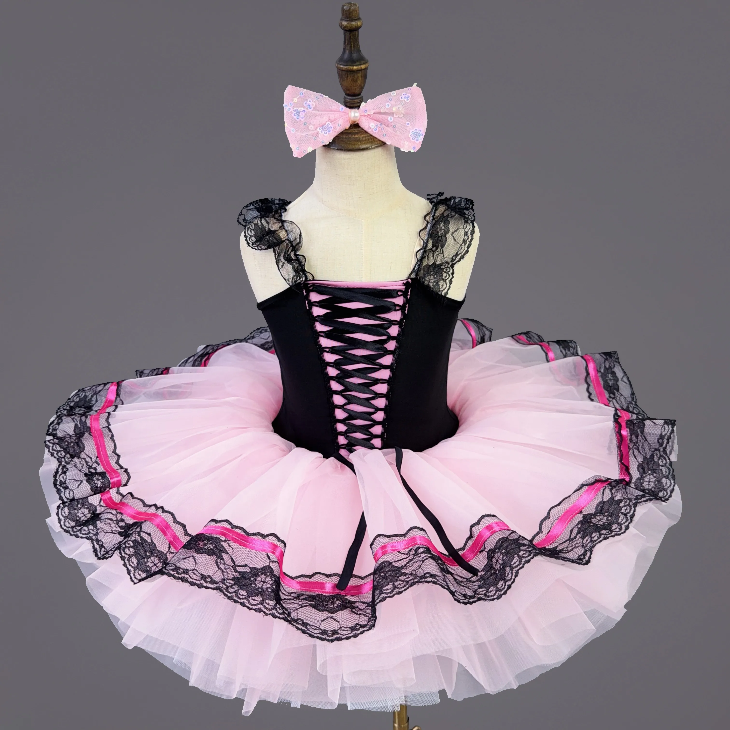 Girls Contrast‑Color Ballet Tutu Dress Kids Lace Trim Puffy Tutu Skirt Children Stage Performance Outfit With Matching Bow