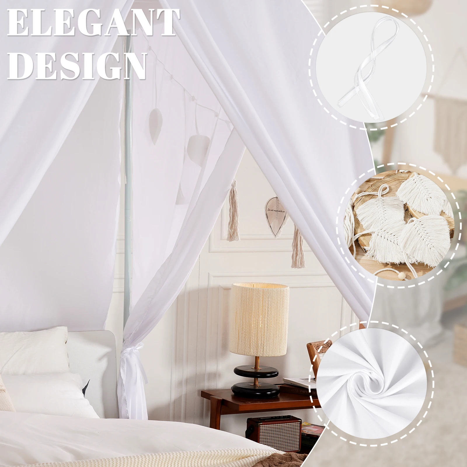 4Openings Canopy Bed Curtains with Boho Tassel Bed Canopies & Drapes Princess Bed Canopy Curtain for Romantic Bedroom Decor