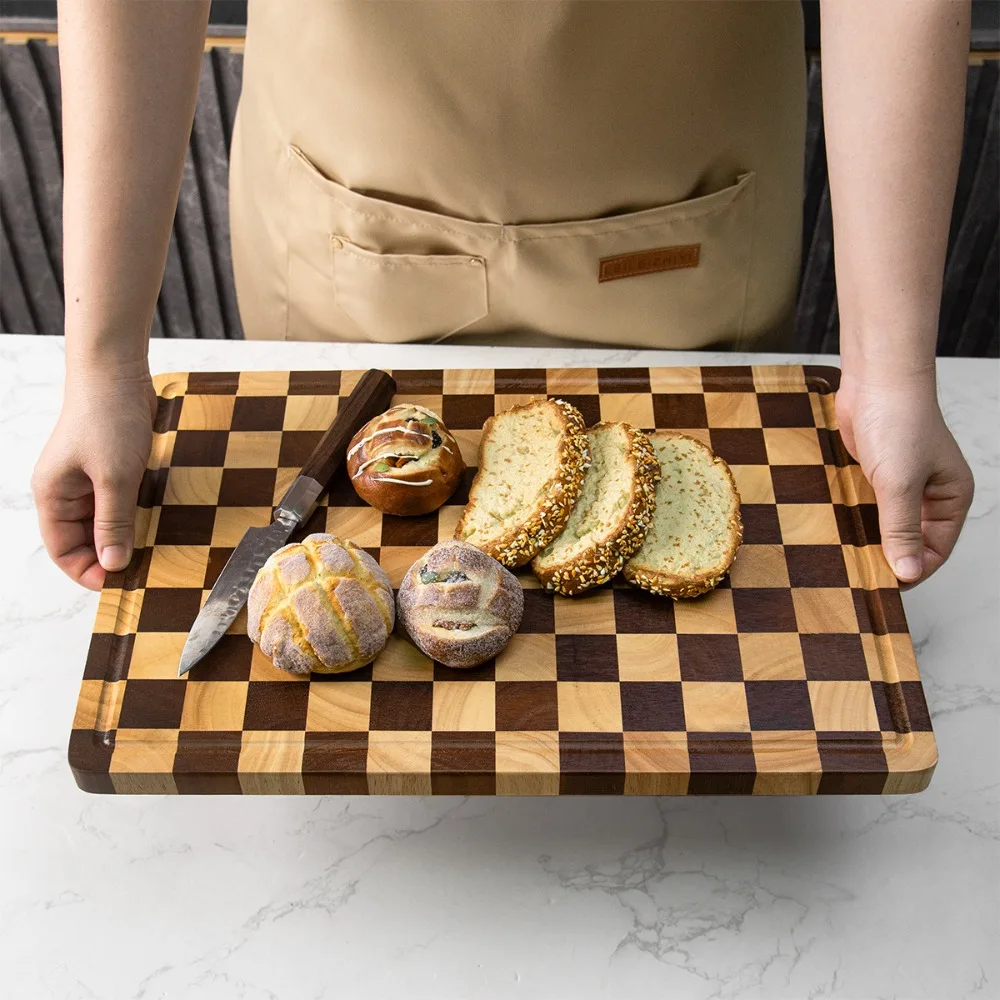 

Acacia Wood Chessboard Cutting Board Non Slip Thickened Checkerboard Chopping Board with Groove Rectangular Chopping Block
