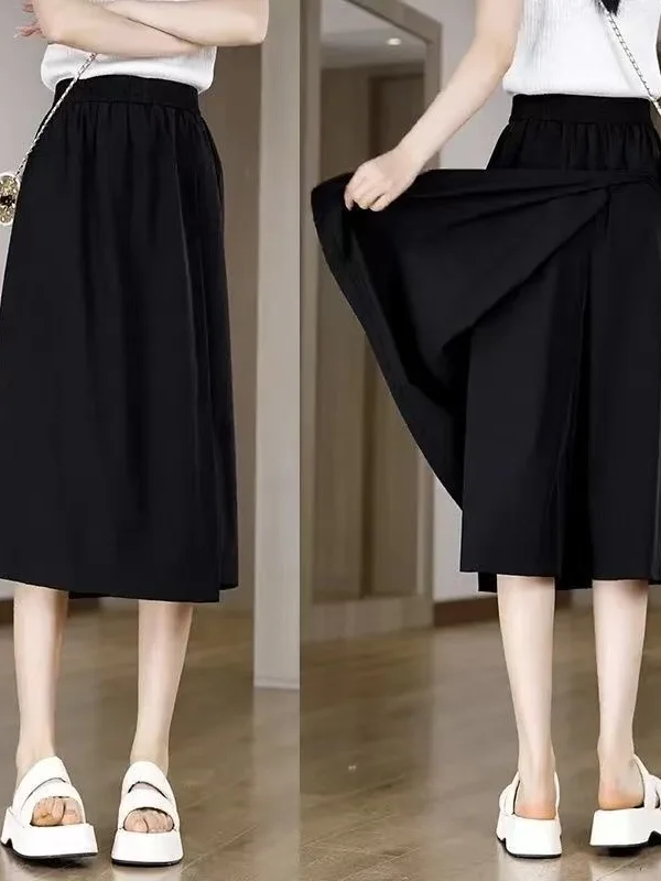 New Chinese Sle Wide Leg Pants Women's Small Size Summer Thin ular Skirt Pants High Waist Loose Casual Seven-Five Middle...