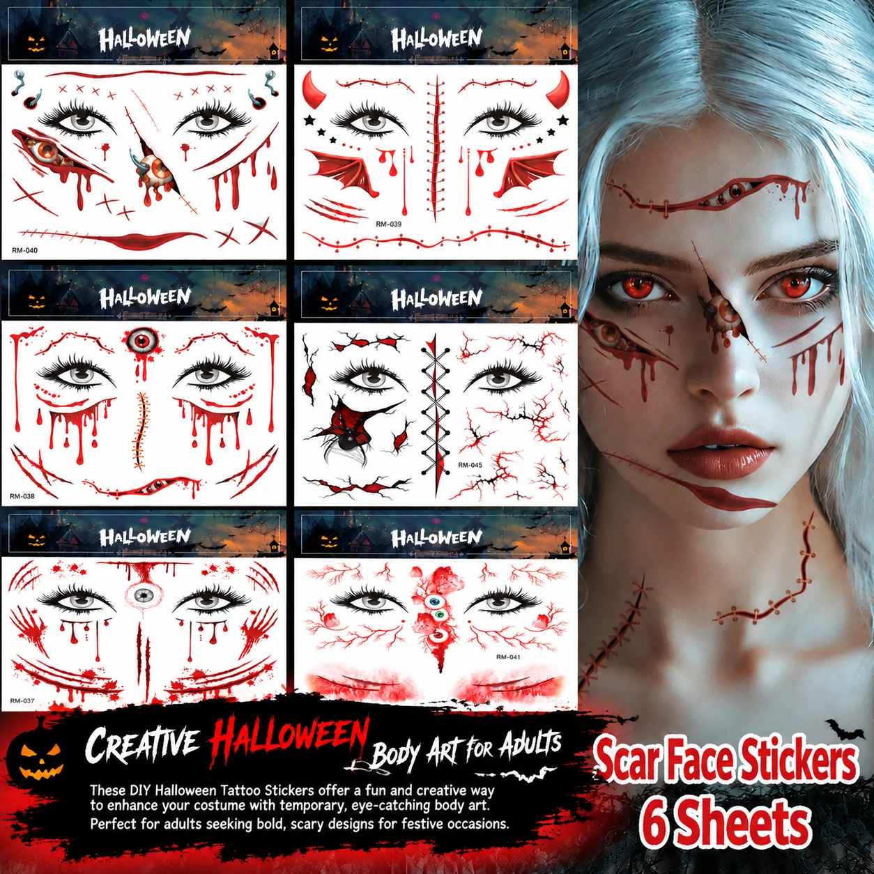 3D Scar Tattoo Sticker Halloween Sar Tattoos Stickers with Fake Scab Blood Zombie Tattoo Halloween Scar Makeup Face Sticker