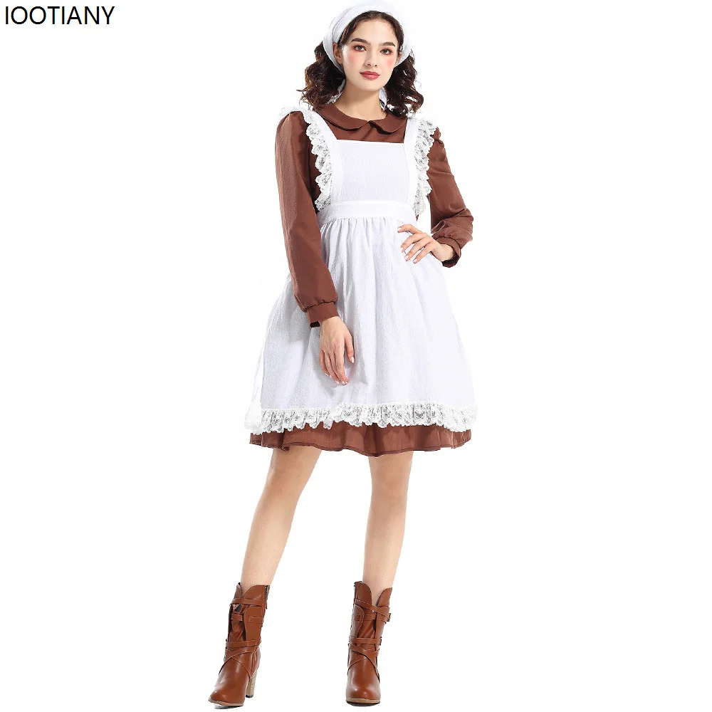 

Halloween Adult Women French Manor Maid Cosplay Costumes Brown Retro Doll Collar Maid Dress Carnival Festival Party Dress Up New