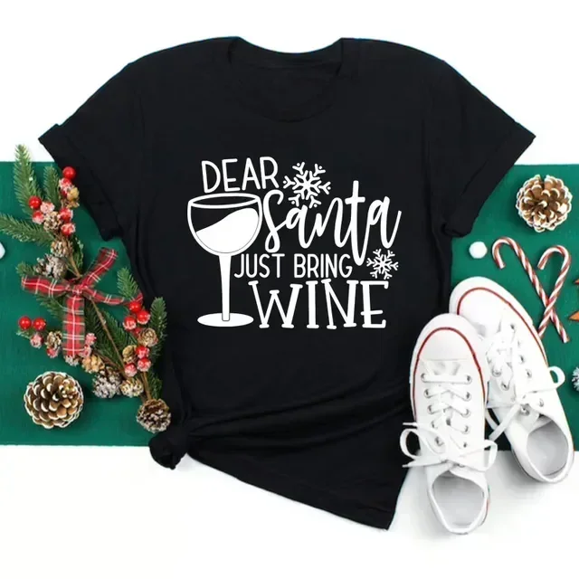 New Wine Glasses Christmas T Shirt Women\'s Fashion Funny Merry Christmas T Shirt Cute Women Graphic T-shirt Ladies Clothing Tee