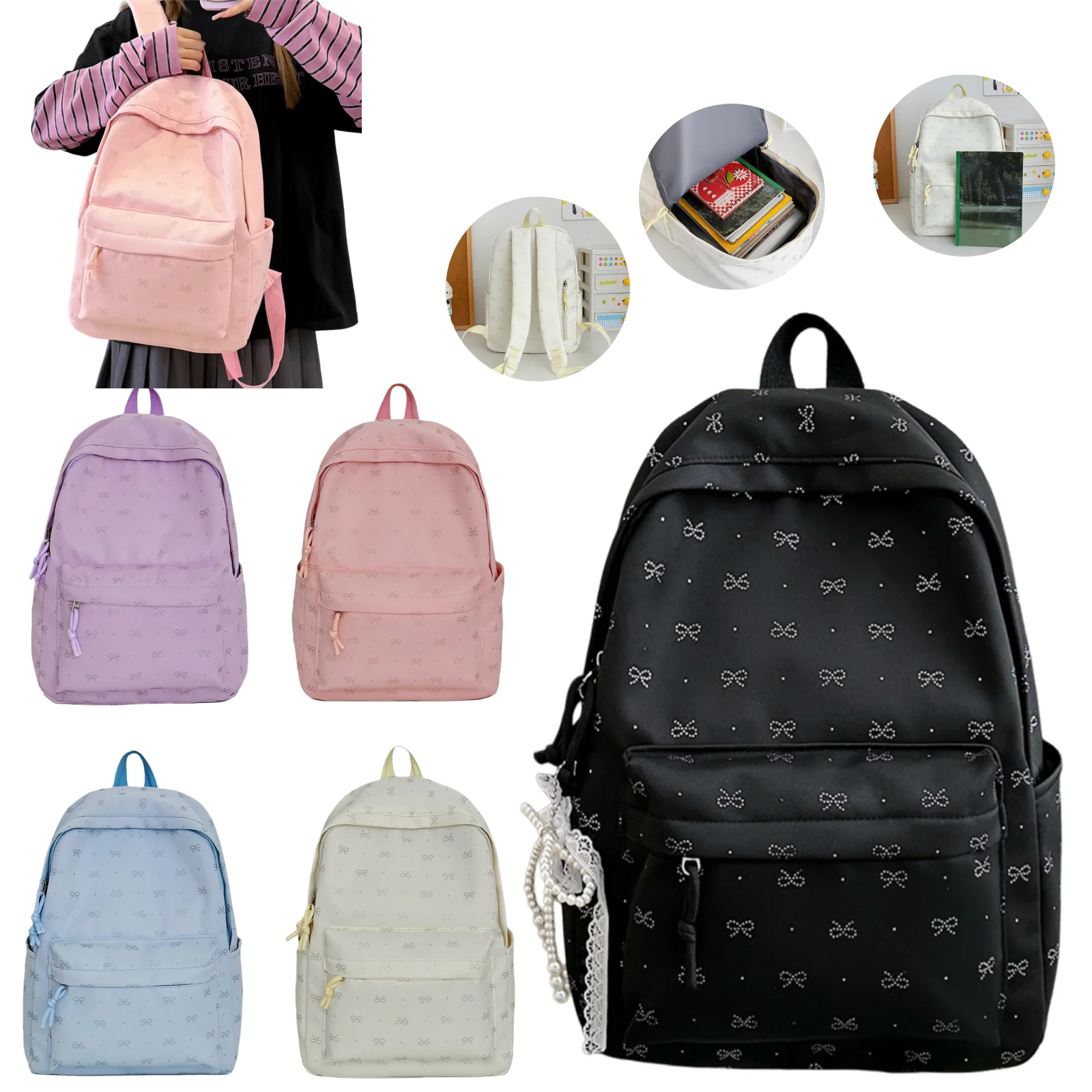 Neuer süßer Rucksack mit Schleifenmuster, modische und vielseitige Schultasche mit großem Fassungsvermögen, bequem und atmungsaktiv