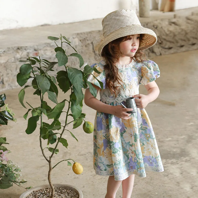 

Kids Clothing Baby Girl Beautiful Flowers Bubble Sleeve Dress Short Sleeve Patchwork Summer Party Dress 1-10T
