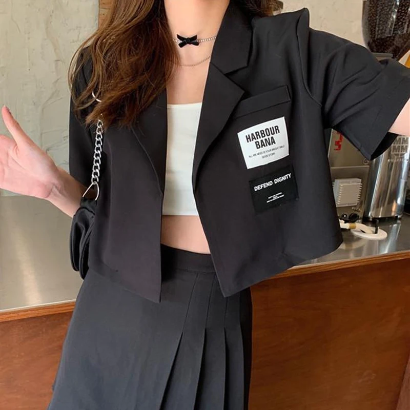 2024 Summer Women Trendy Appliques Design Sweet Kawaii manica corta Thin Cropped Blazer Casual Street Y2K Solid Chic Suit Jacket