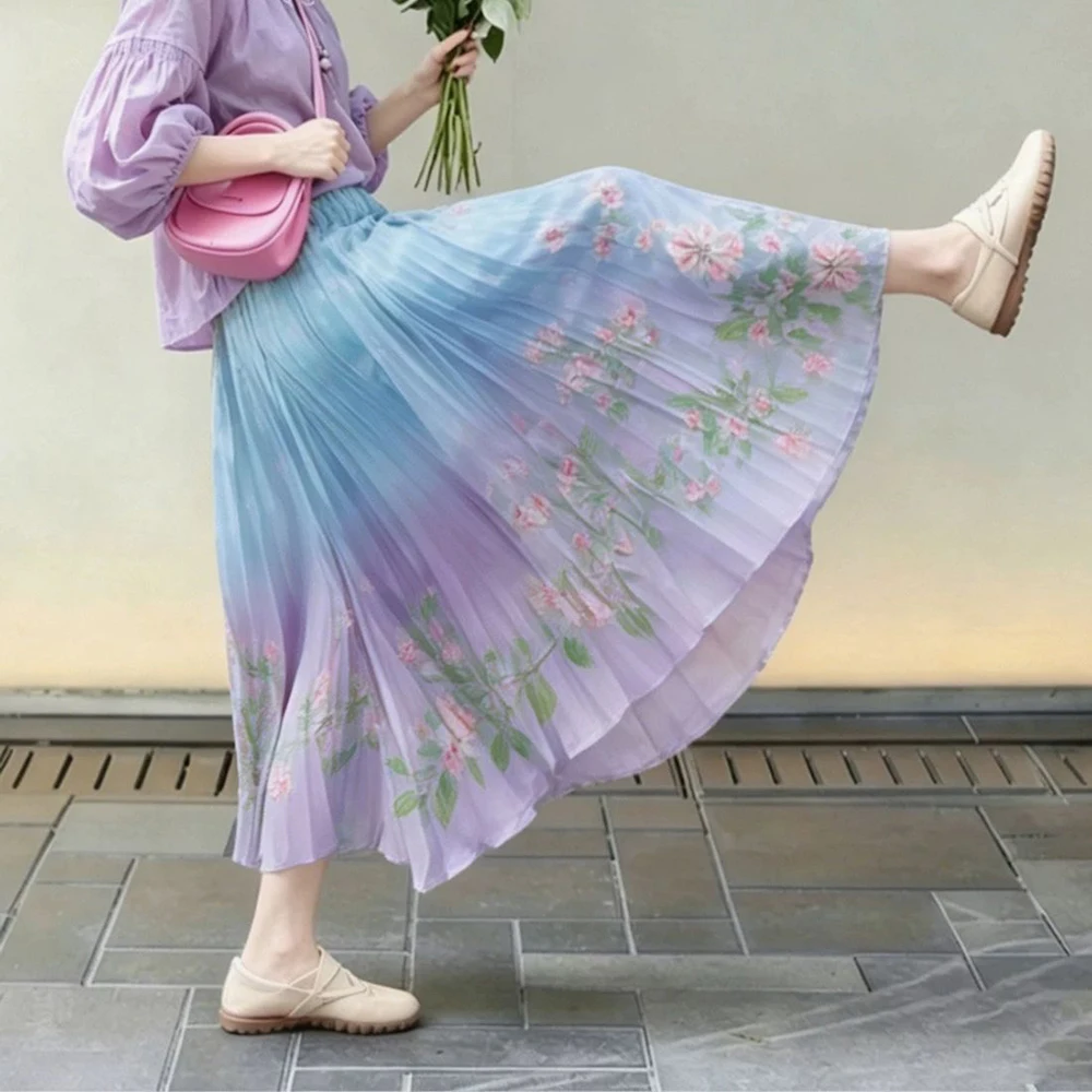 2026 summer new product casual and thin temperament elegant violet gradual change color chiffon printing dress high quality