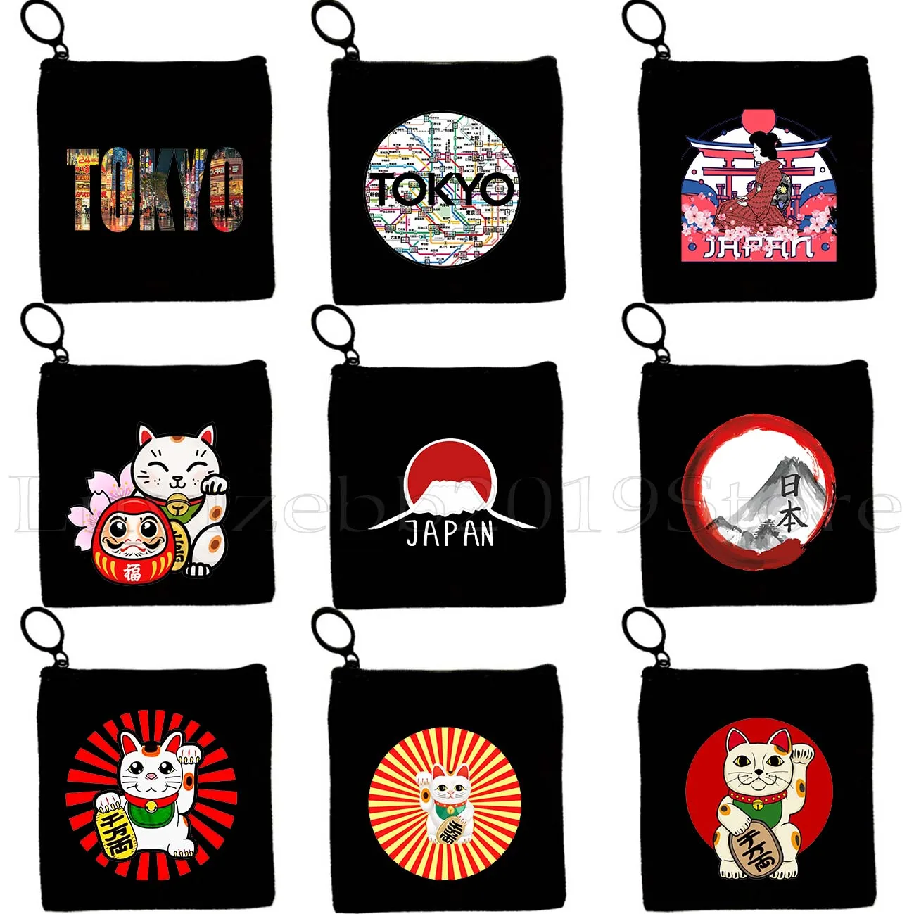 TOKYO JAPAN Maneki Neko Cute Lucky Cat Mount Fuji Janpan Style Gifts Kyoto Geisha Canvas Coin Purse Key Case Bag Wallet Pouch