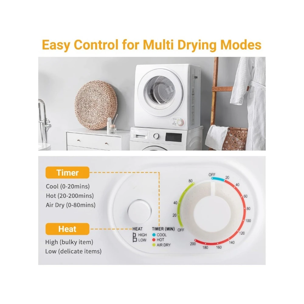 Clothes Dryer with Stainless Steel Tub & Simple Control Knob, Laundry Front Load Tumble Dryer Machine, Portable Cloth Dryer