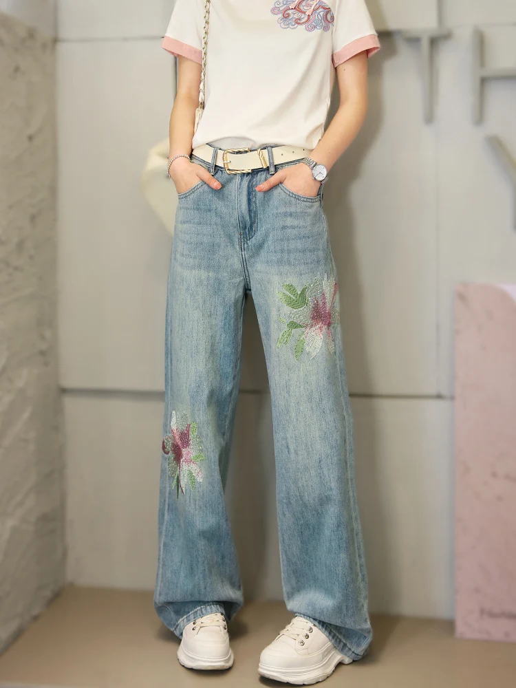 

New Chinese Sle High Waist Wide Leg Denim Jeans Women's Loose Straight Stitched Long Pants Autumn 2024 Sparkling Rhinestone
