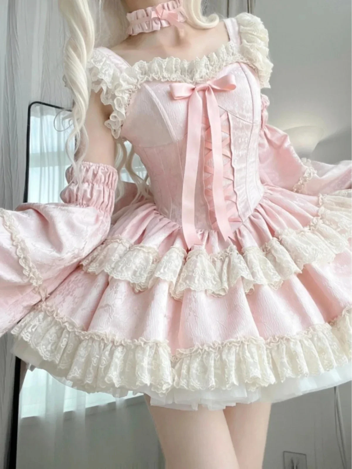 

Lolita Sweet Princess High Waist Lace Y2k Dress Summer Pink Cute Girly Ruffle Edge Party Puff Short Dresses and Sleeves