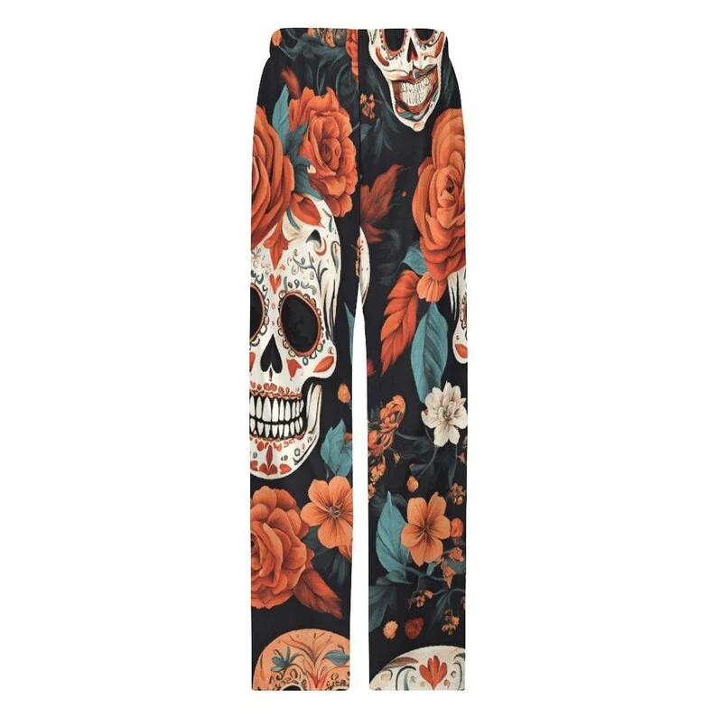 Men's and Women's Sugar Skull Flower Wide Leg Pants, Mexican Day of The Dead Rose Print Festival Street Style Loose Casual Pants