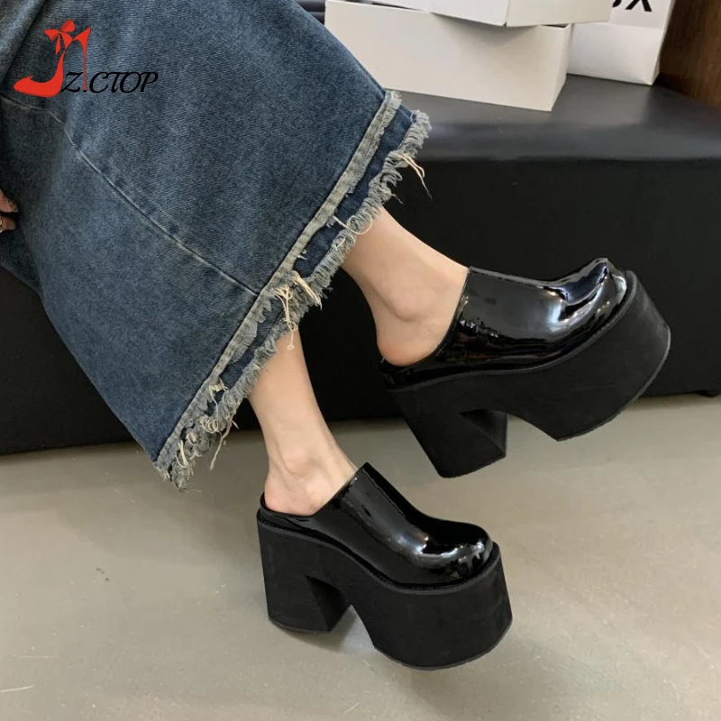 

11cm Closed Toe Chunky Heeled Slippers Women Black Punk Platform Sandals Summer Super High Heels Patent Leather Ladies Shoes