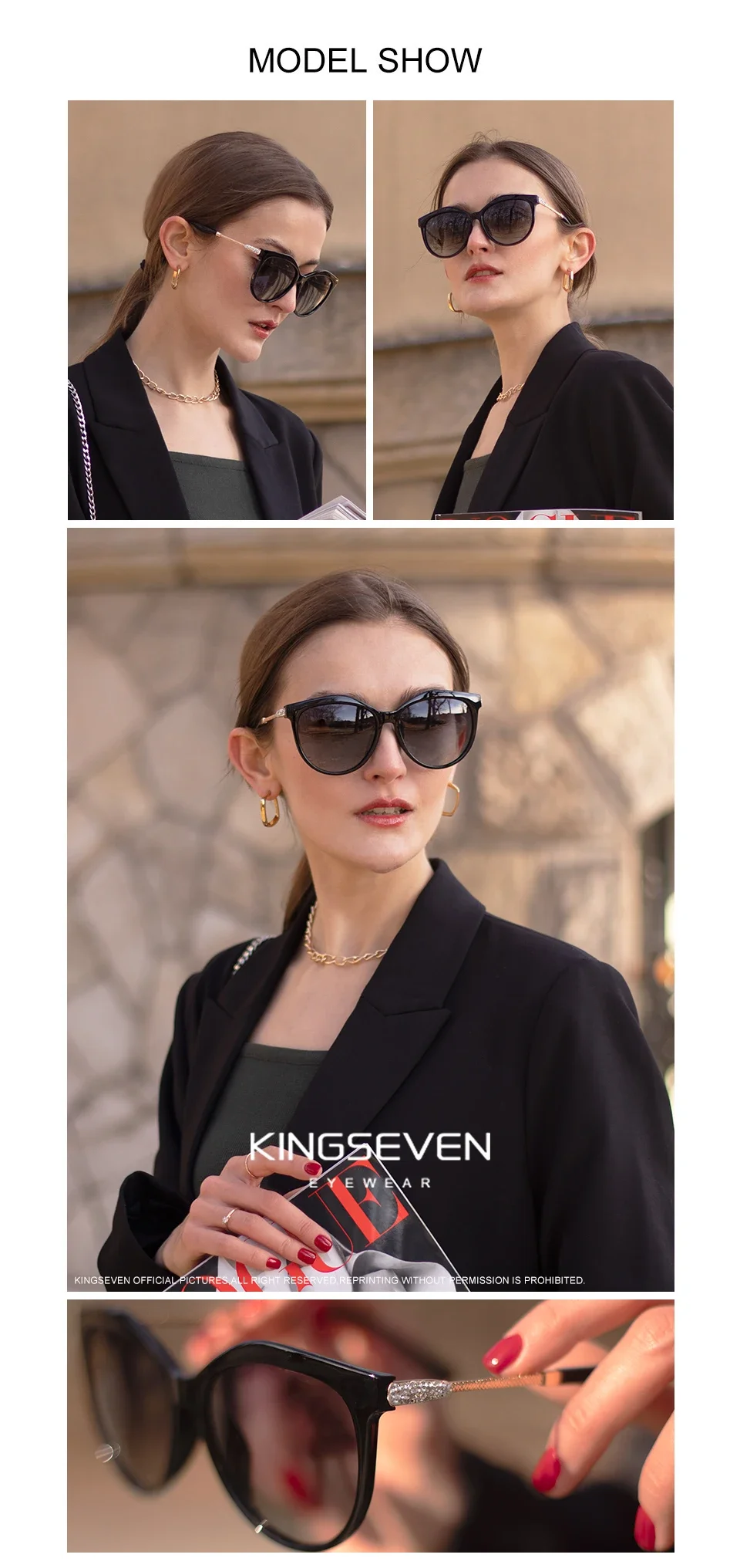 KINGSEVEN Mode Frauen Sonnenbrille Polarisierte UV400 Objektiv Luxus Fahren Runde Große Rahmen Gläser Legierung Cat Eye Weibliche Brillen – Detail 1