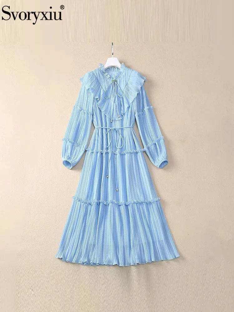 Svoryxiu Fashion Runway Autumn Sky Blue Elegant Knee-Length Dress Women's Flounces Collar Flounces Belt Pleated Big Swing Dress