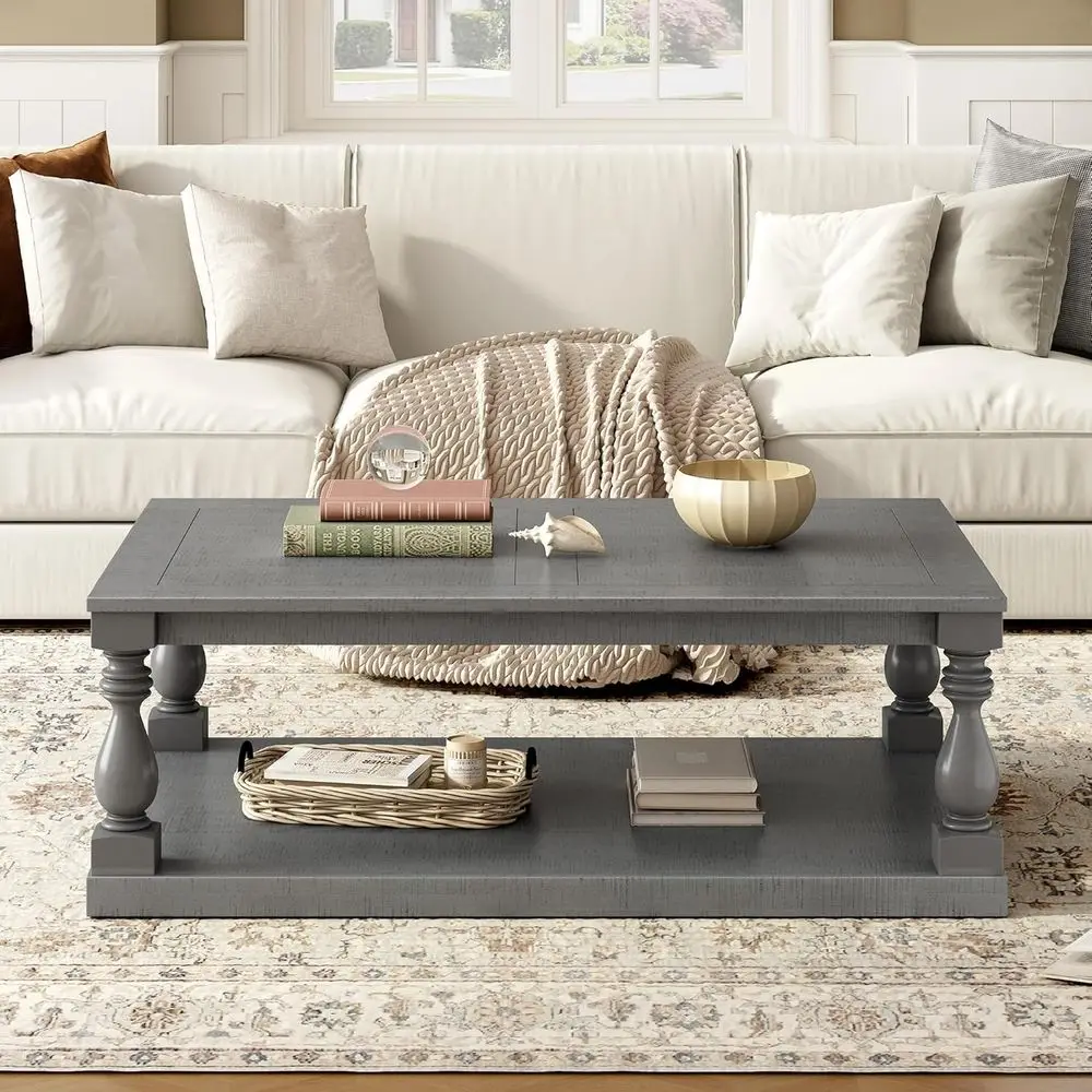 

Antique-Style Pine Veneer Coffee Table with Artistic Vase-Leg Design for Living Room and Study, Timeless Gray Solid Wood Accent