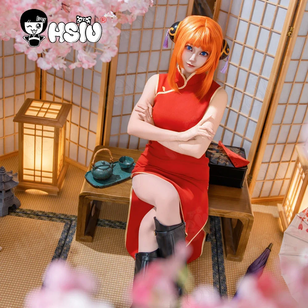 Kagura cosplay traje peruca de fibra sintética peruca 「HSIU」laranja cabelo curto vermelho sem mangas cheongsam anime gintama kagura trajes peruca