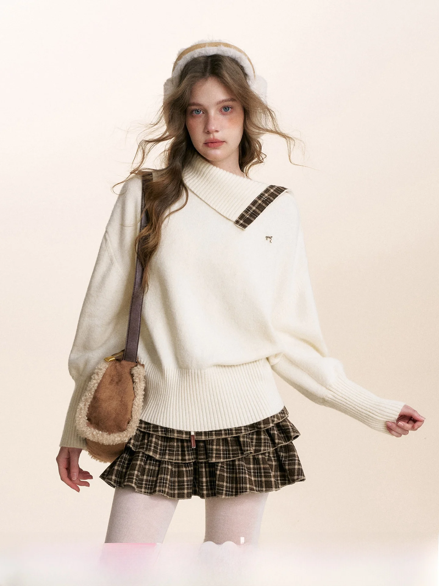 

Retro Sle Wool Blend Long Sve Sweater Irregular Collar Patchwork Knitwear Comfortable Loose Fit Women's Autumn Winter