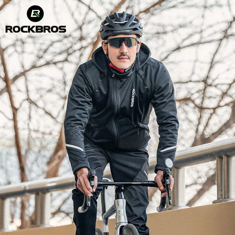 ROCKBROS Winter Bicycle Hooded Jackets Men\'s Thermal Fleece Warm Bike Tops Windbreaker Coat MTB Road Long Sleeves Cycling Jacket