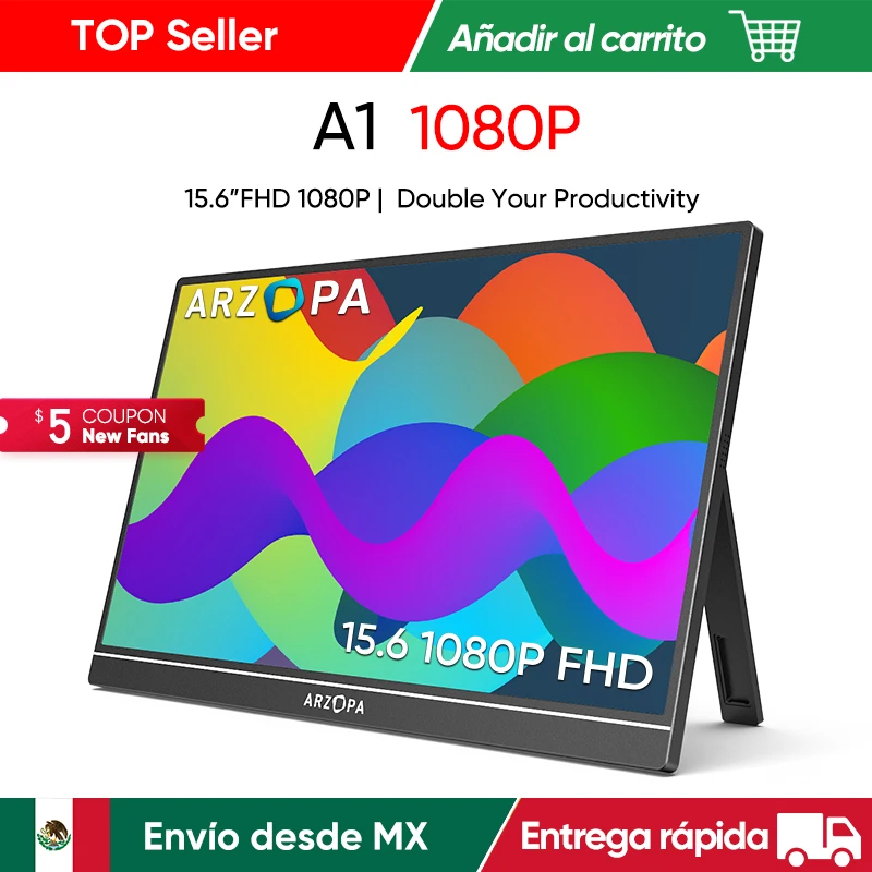 ARZOPA Monitor portátil de 15,6 polegadas FHD IPS Tela externa 1080P Monitor secundário para laptop/Mac, tipo C/HDMI, A1