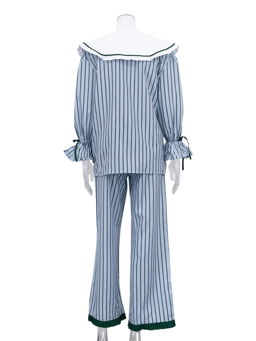 Marthaqiqi ملابس نوم فضفاضة للسيدات مكونة من قطعتين بيجامة بياقة مقلوبة وأكمام طويلة طقم ملابس نوم مخططة للسيدات #5