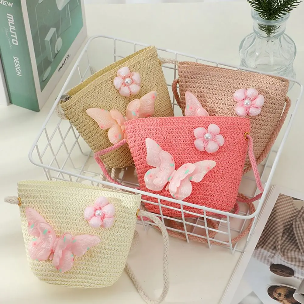 Creative Handmade Kids Straw Bag Shell Shape Butterfly Flower Crossbody Bag Woven Shoulder Bag Children Girls