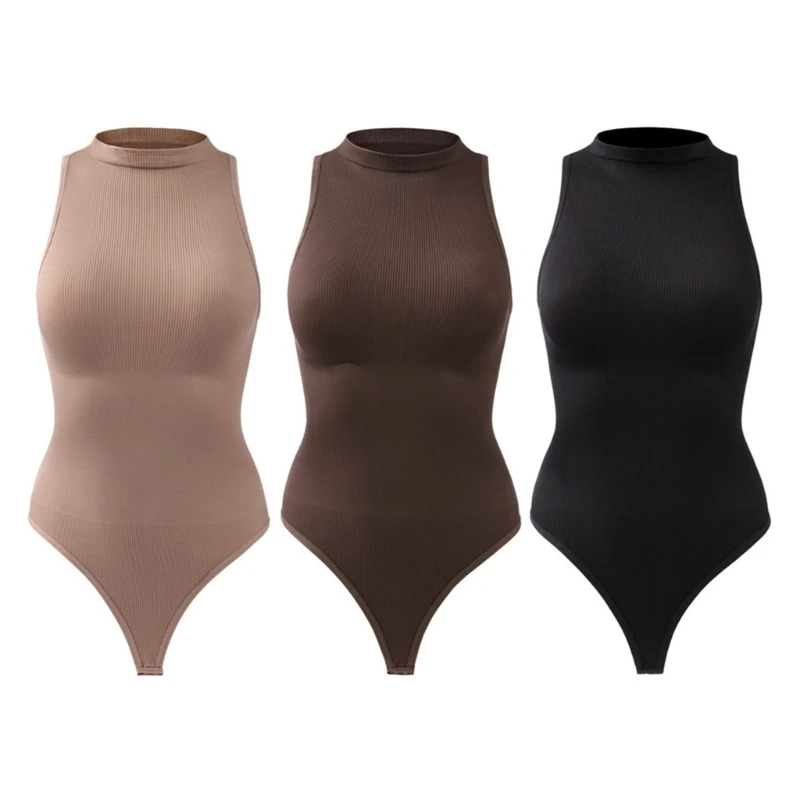 A0KD Office Styling Shapewear Bodysuit for Women, Sleeveless Thong Shaper with Ribbed Texture and Travel Layering Wear
