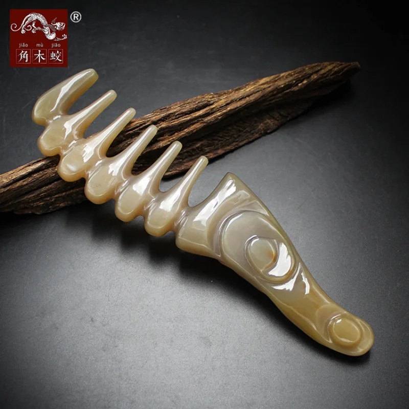 Horned Yak Horn with Cloud Pattern Large-Toothed Massage Comb