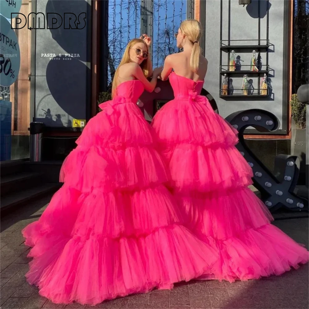 High low tulle dress Elegant Tiered Ruffles Tulle Evening Dresses Strapless Pleat Ruched Prom Dress Wedding Party Gown