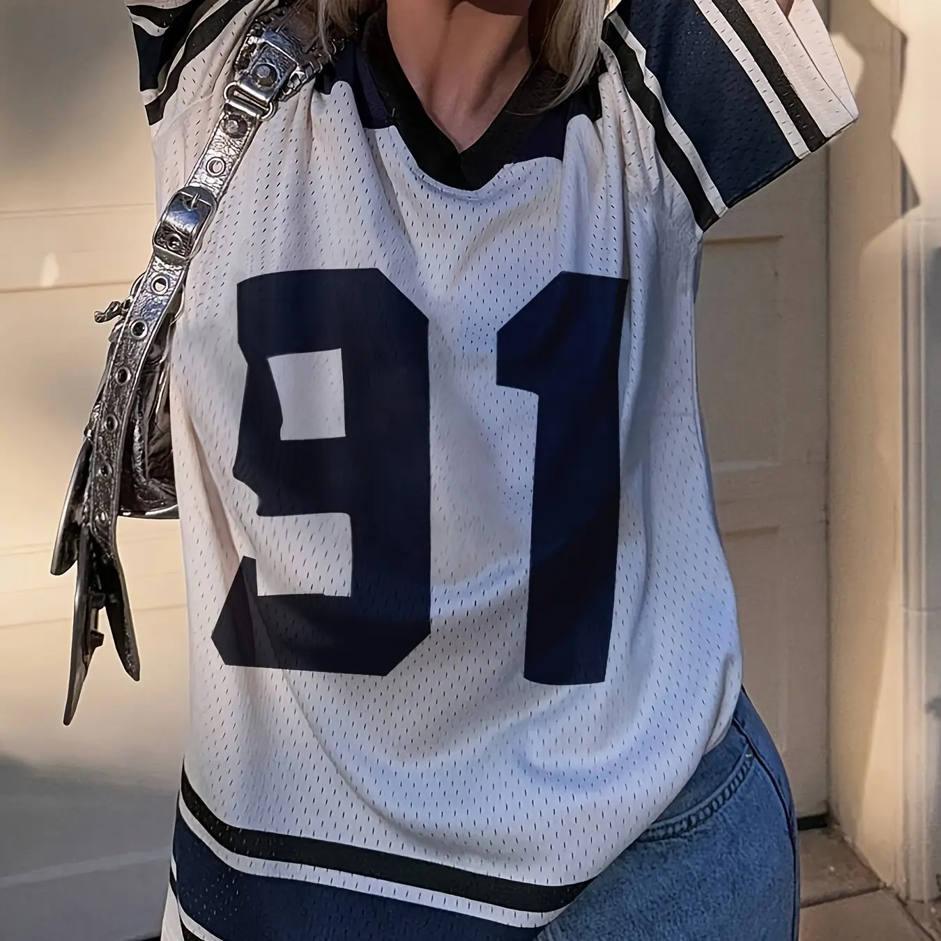 

Women's Summer Casual Sports Jersey T-Shirt With Breathable Mesh Digital Print V-Neck Quick-Drying Short Sleeves Trendy Top