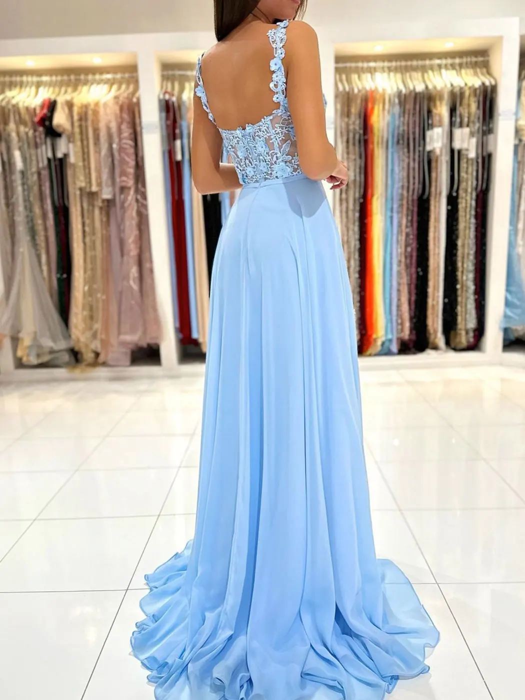 Robe de soirée trapèze en mousseline de soie bleue, tenue de Rhlongue, avec des appliques en dentelle, transparente, fête formelle, quel que soit, 2024