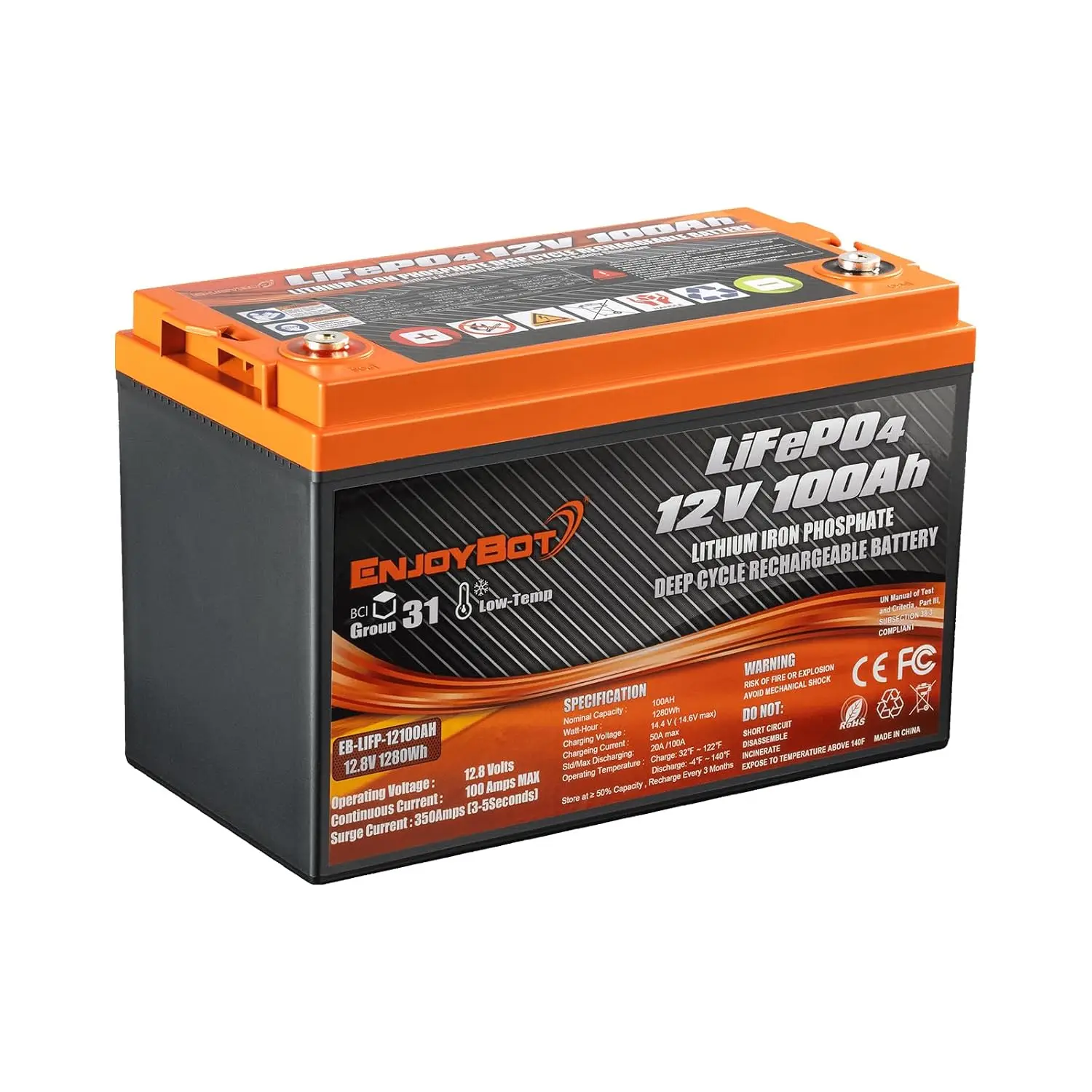 12V 100Ah LiFePO4 Lithium Battery, 100A BMS Deep Cycle Battery with Low Temp Cut Off, Up to 6 in Series, Peak Current 350A for G