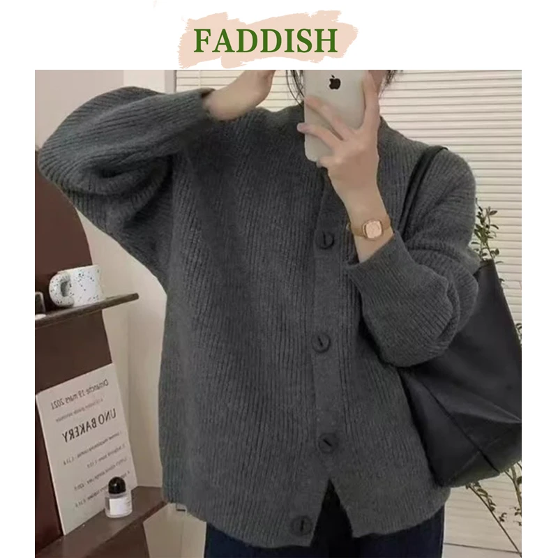 FADDISH 2024 Autumn Winter Women Fashion Buttons Knit Sweater Female Solid Color Casual Loose Long Sleeves Cardigan Outerwear