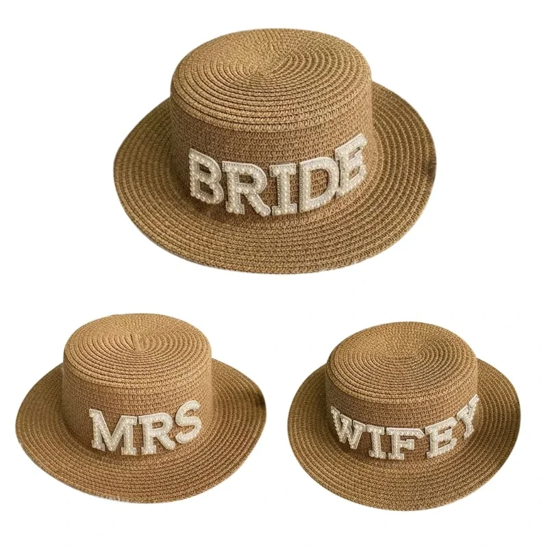 

Women Straw Hat Flat Top Bridal Hat Bachelorette Party Decorations Bride Hat Bridal Shower Gift, Bridesmaid Favor